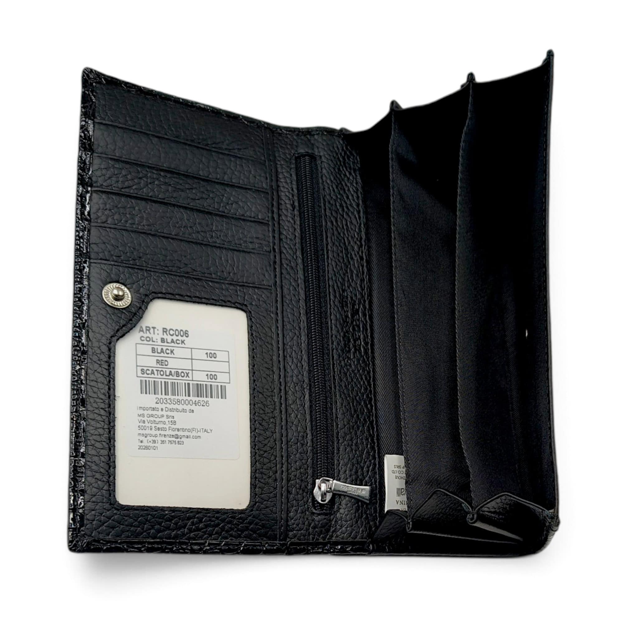 Portofel Damă Roberto Cavalli Sport RCOO6 Negru – Mix Piele și PU, Finisaj Texturat, 18,5 × 9 × 3 cm