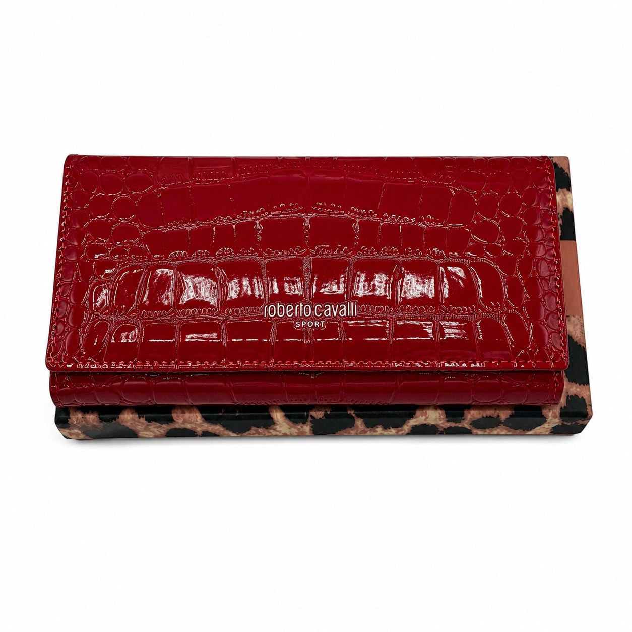 Portofel Damă Roberto Cavalli Sport RCOO6 Roșu – Mix Piele și PU, Finisaj Texturat, 18,5 × 9 × 3 cm