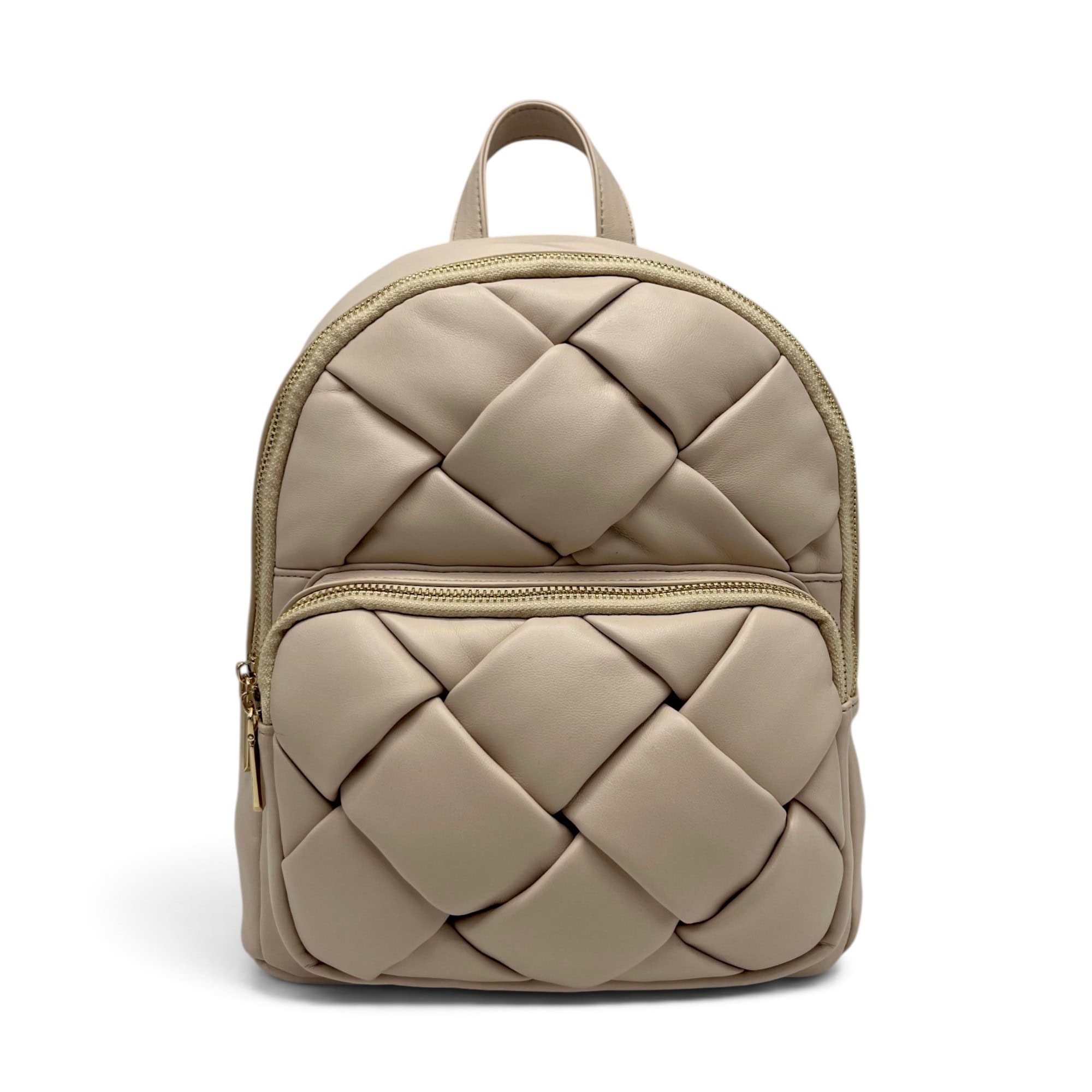 Rucsac damă Kassandra&Co din piele ecologică PU – Bej Nude cu design împletit, 30 × 26 × 13 cm