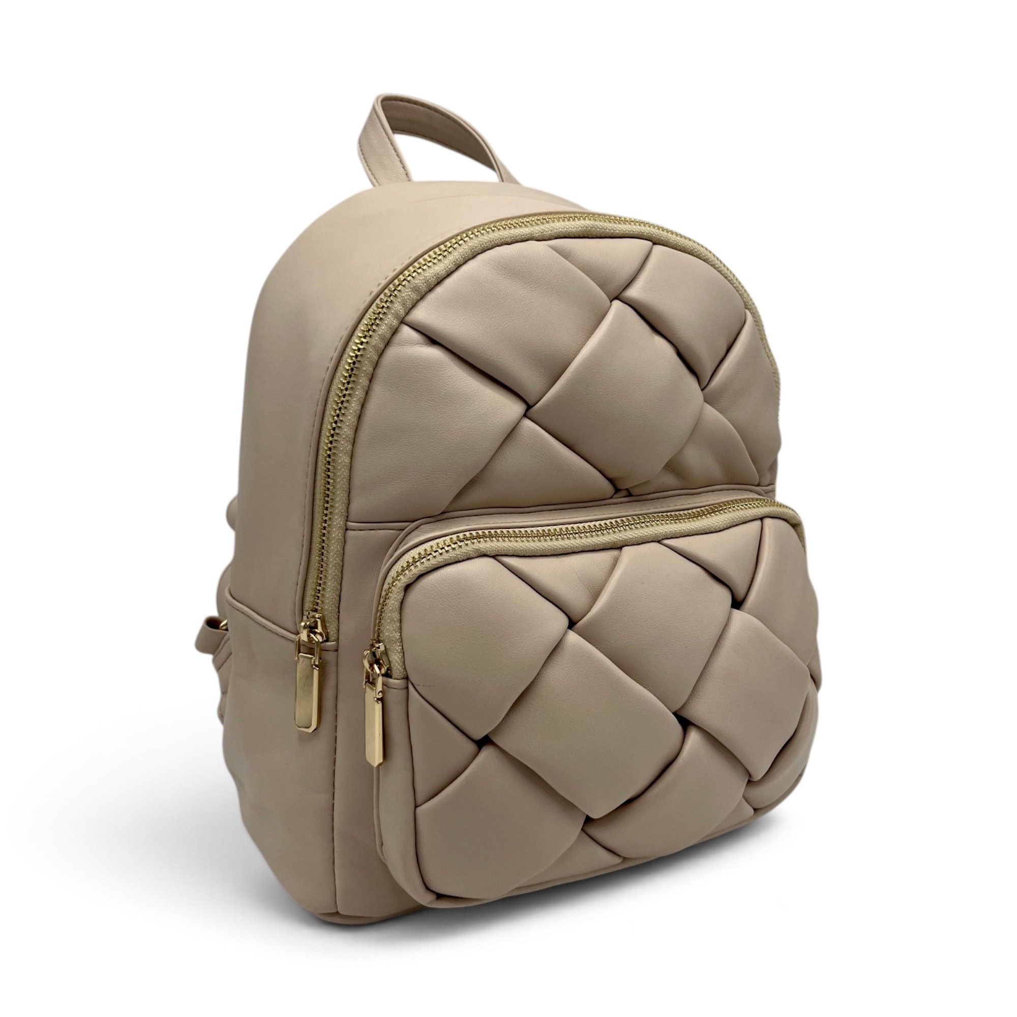 Rucsac damă Kassandra&Co din piele ecologică PU – Bej Nude cu design împletit, 30 × 26 × 13 cm