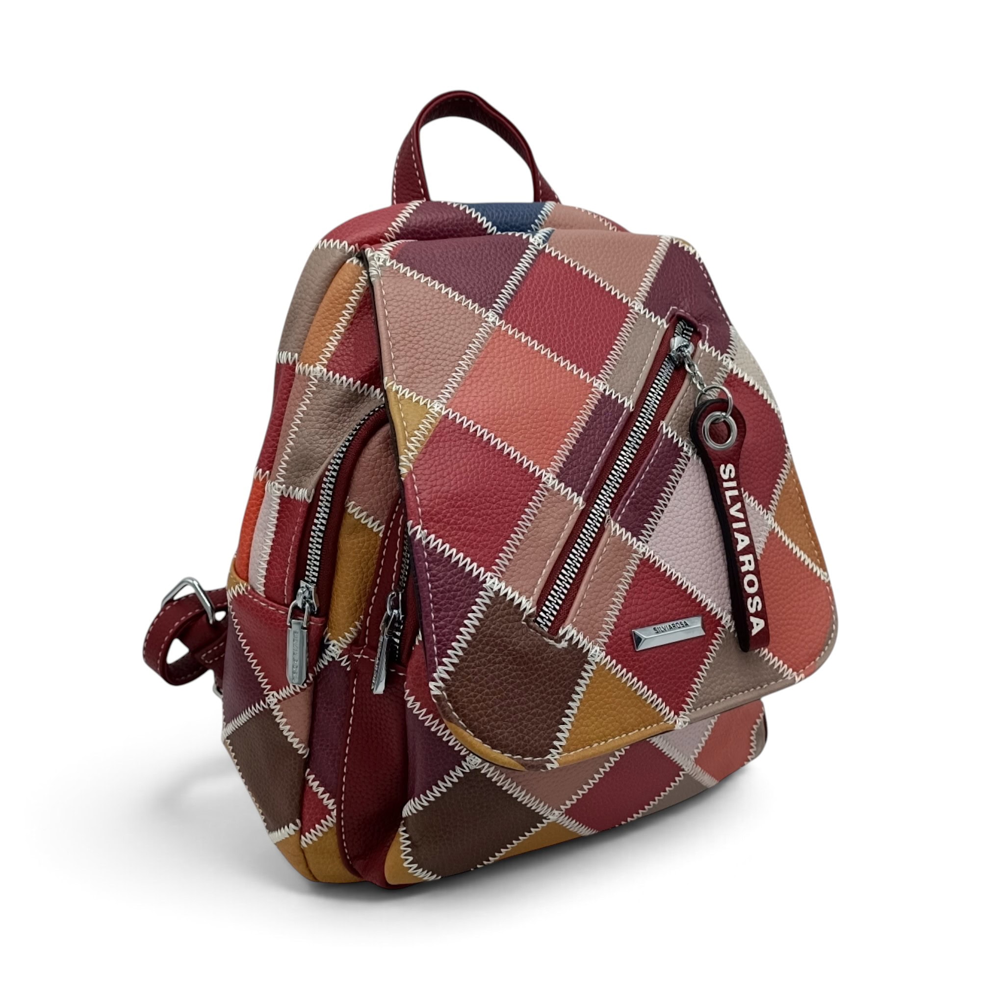 Rucsac damă cu model patchwork în culori bordo, bej și maro.