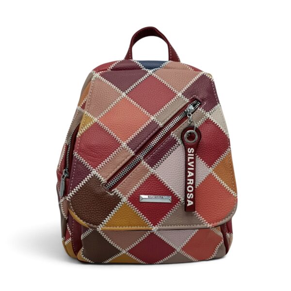 Rucsac damă cu model patchwork în nuanțe de bordo și bej.