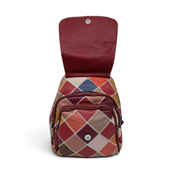 Rucsac damă cu model patchwork în culori bordo și bej.