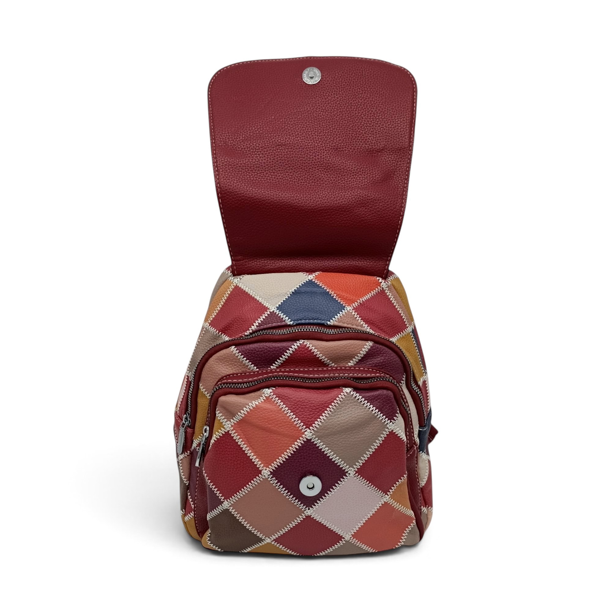 Rucsac damă cu model patchwork în culori bordo și bej.