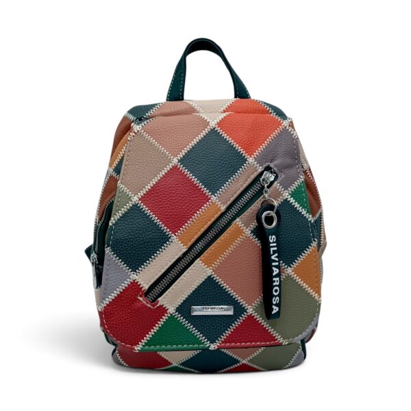 Rucsac damă verde cu model patchwork și fermoar decorativ.