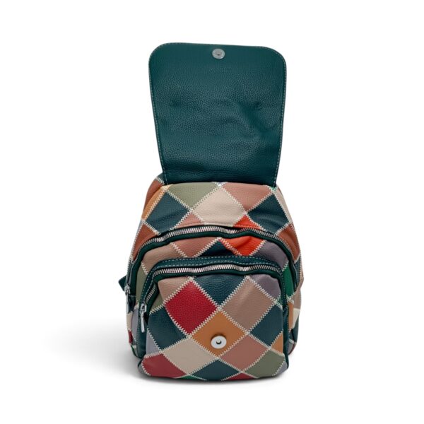 Rucsac damă verde cu model patchwork, compartimente multiple.