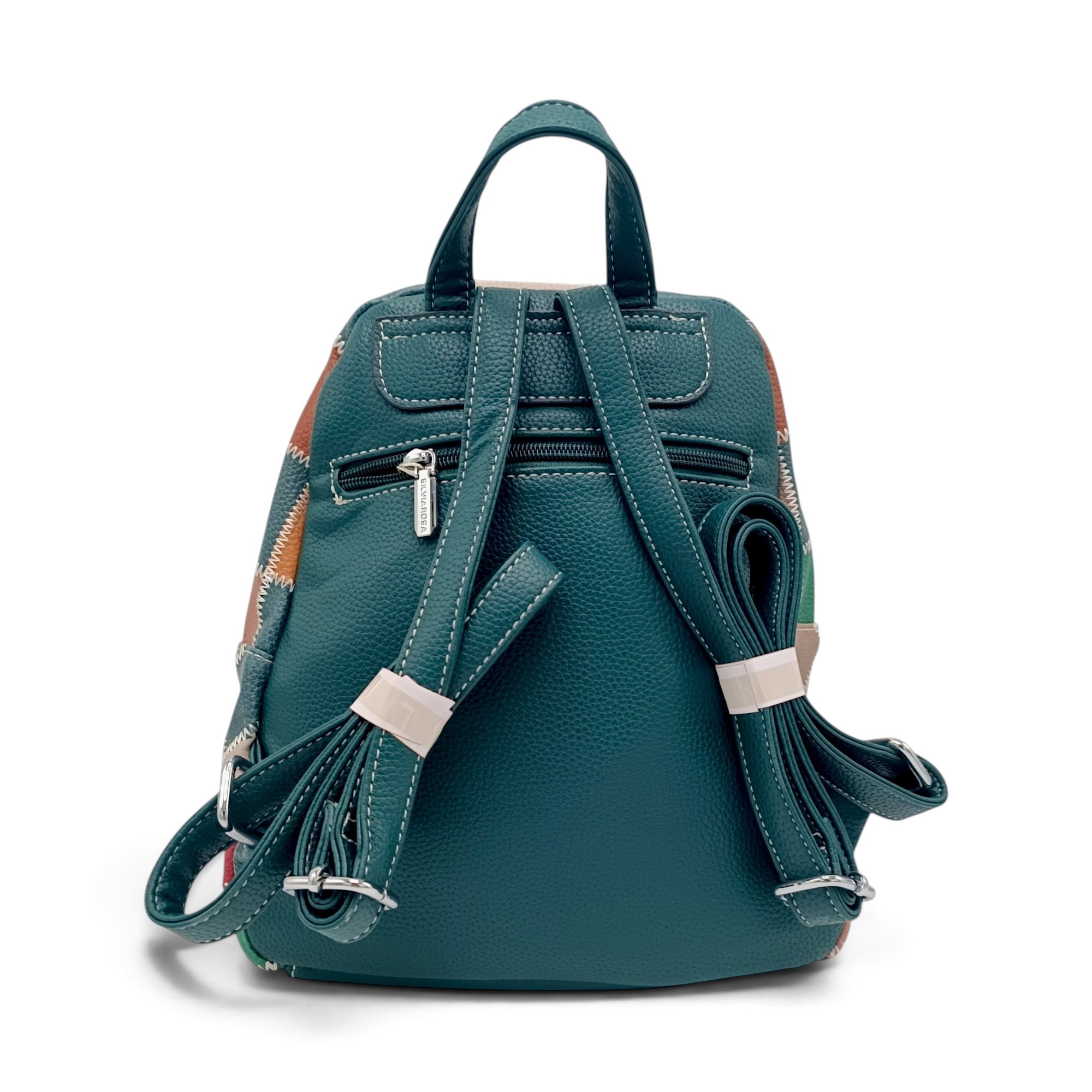 Rucsac damă verde cu model patchwork și multiple compartimente.