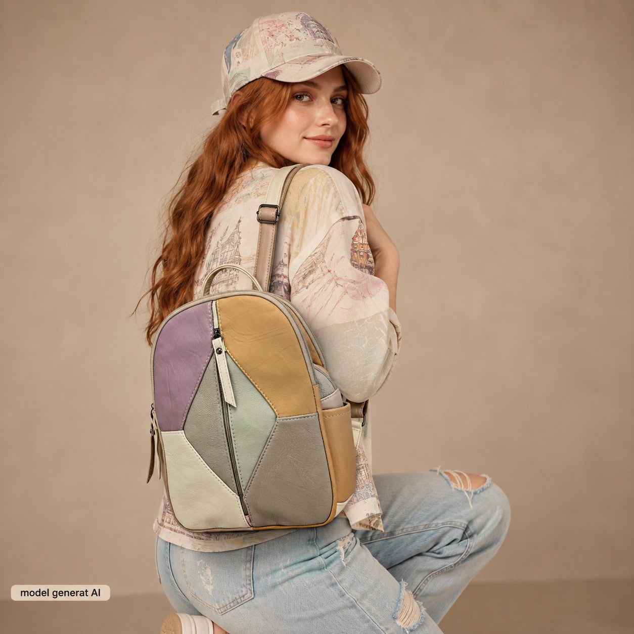 Rucsac damă din piele naturală Dolce Sorbet 21121-012 – multicolor, model unicat, 35 × 25 × 12 cm