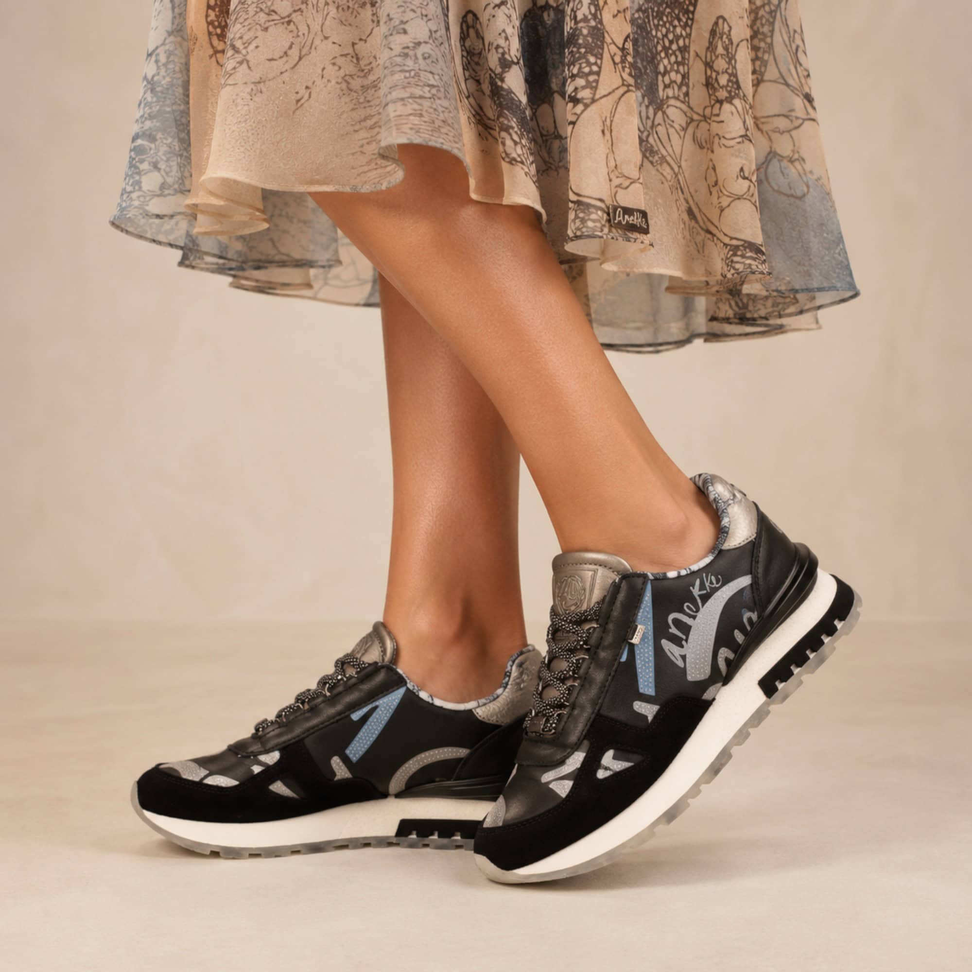 Sneakers damă Anekke Tulip Lisboa 433 Black – model cu print, negru și gri