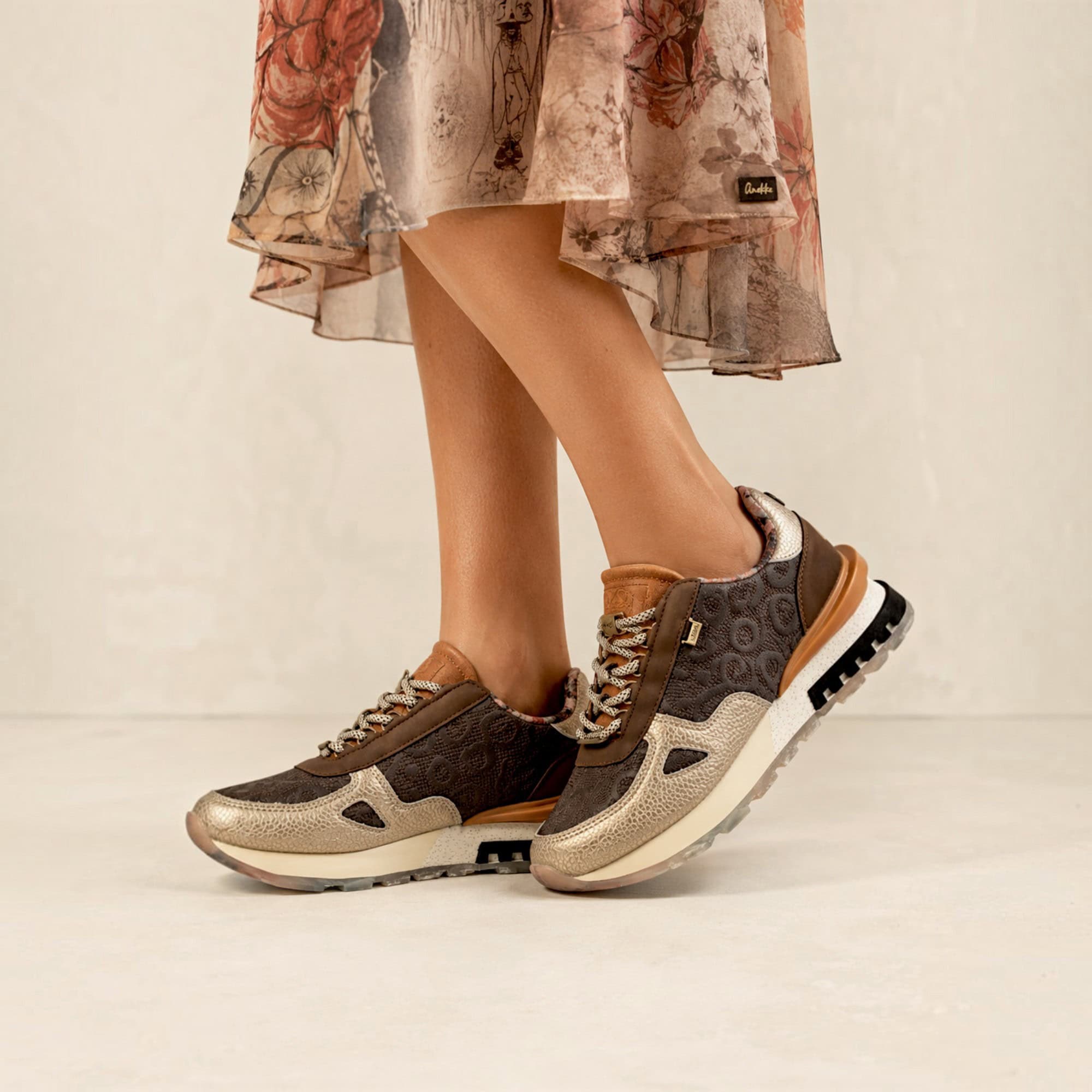 Sneakers damă Anekke Tulip Lisboa 433 Brown – model cu print, maro și bej