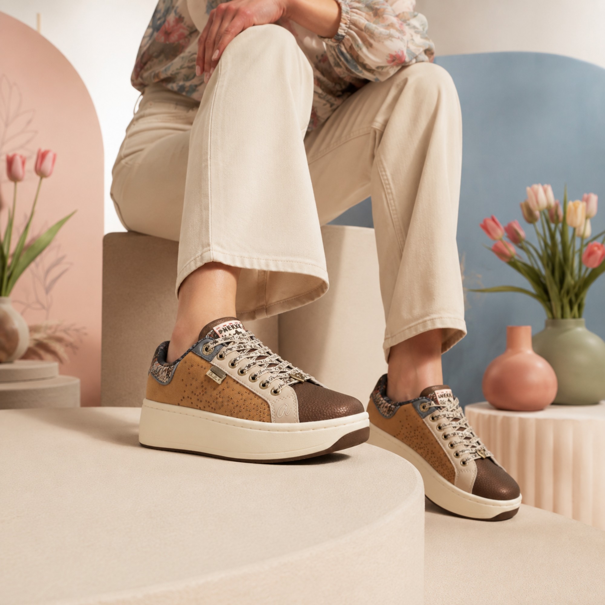 Sneakers damă Anekke – camel, piele, talpă platformă