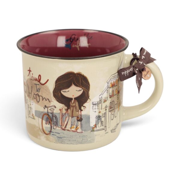 Cană Anekke Tulip 43475-101 din porțelan, 360 ml, design cu ilustratie și fundal roz.