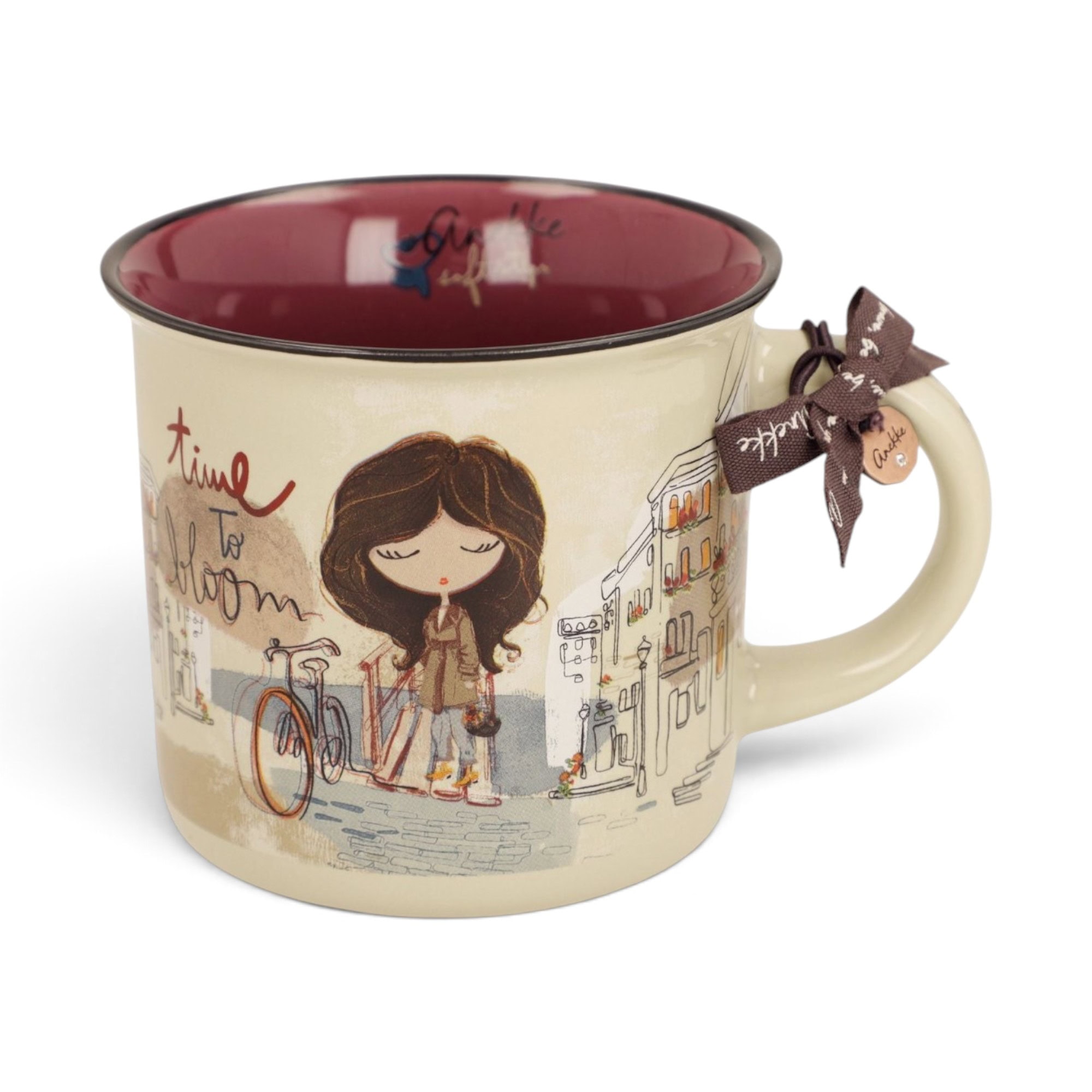Cană Anekke Tulip 43475-101 din porțelan, 360 ml, design cu ilustratie și fundal roz.