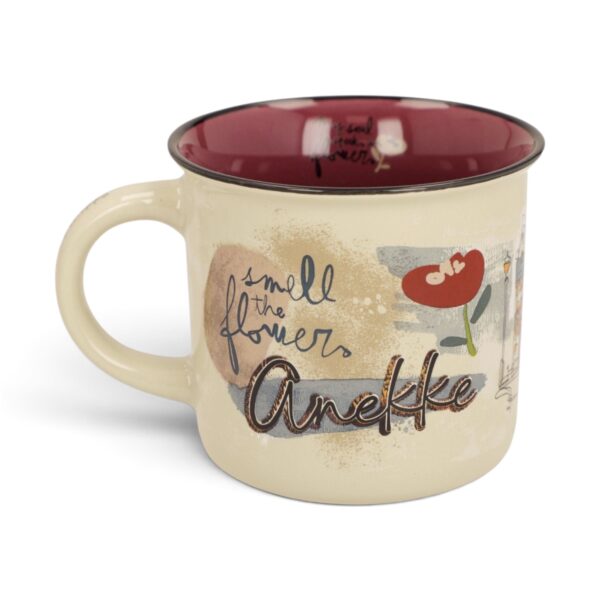 Cană Anekke Tulip 43475-101 din porțelan cu design floral și text.