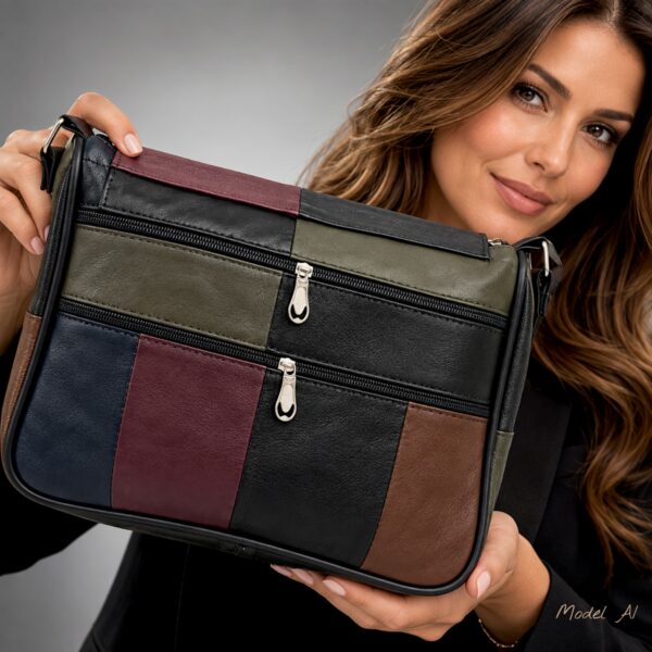 Geantă Damă Unicat Lucia R45-C87 – Piele Naturală Patchwork Negru, Verde Olive, Bordo și Maro - imagine 5