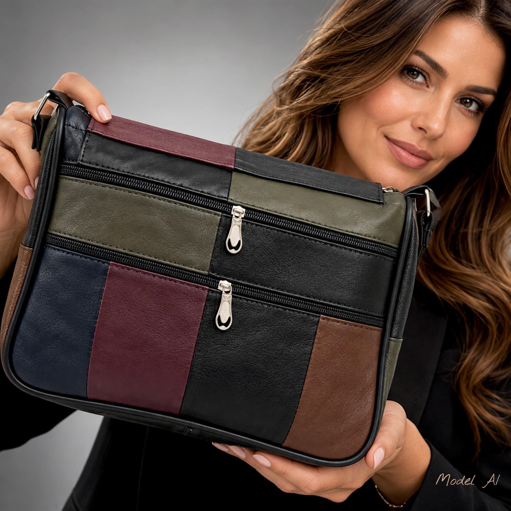 Geantă Damă Unicat Lucia R45-C87 – Piele Naturală Patchwork Negru, Verde Olive, Bordo și Maro - Thumbnail Image 5