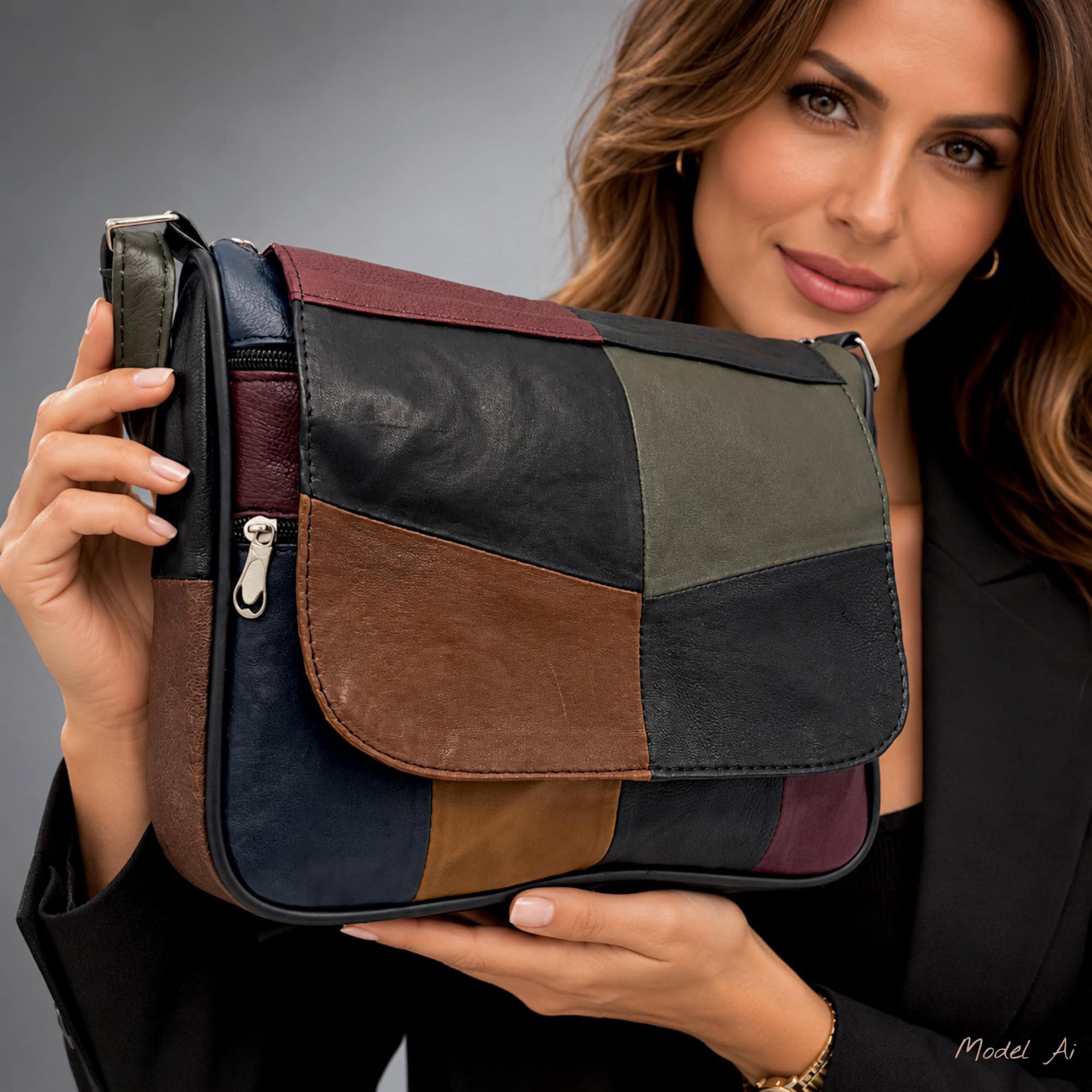Geantă Damă Unicat Lucia R45-C87 – Piele Naturală Patchwork Negru, Verde Olive, Bordo și Maro - Thumbnail Image 3