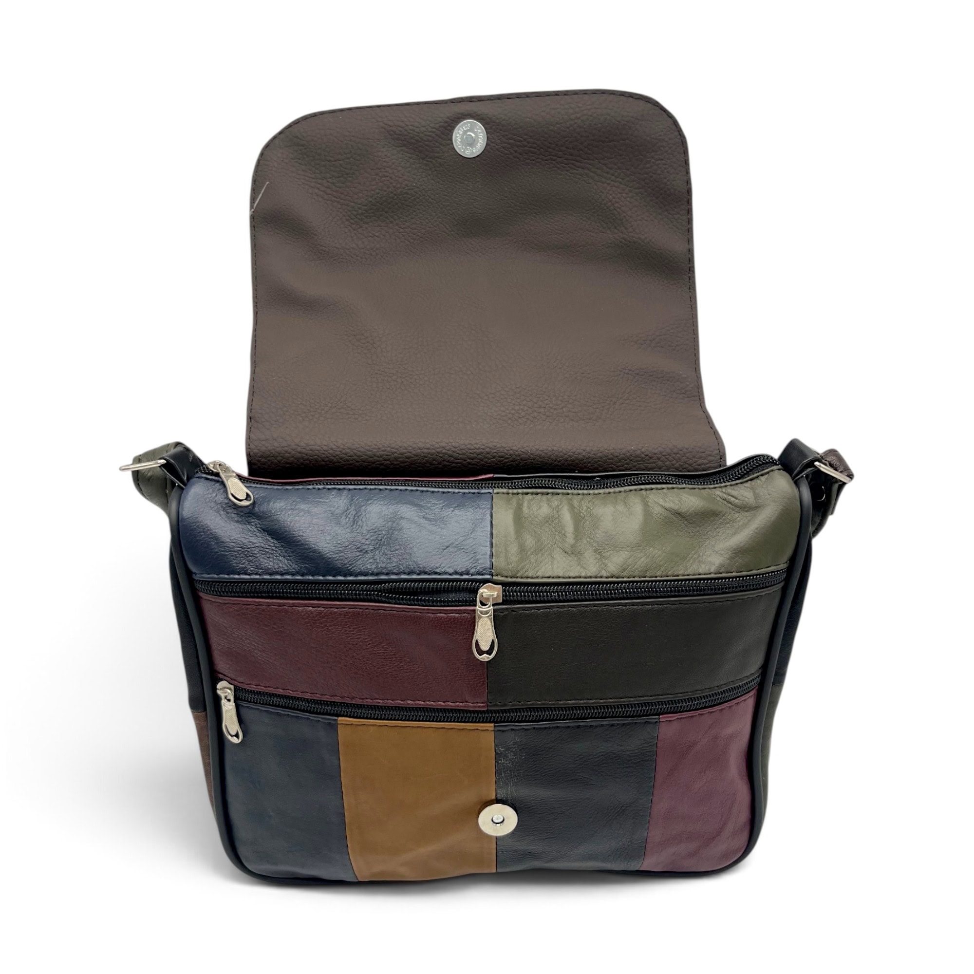 Geantă Damă Unicat Lucia R45-C87 – Piele Naturală Patchwork Negru, Verde Olive, Bordo și Maro - Thumbnail Image 6