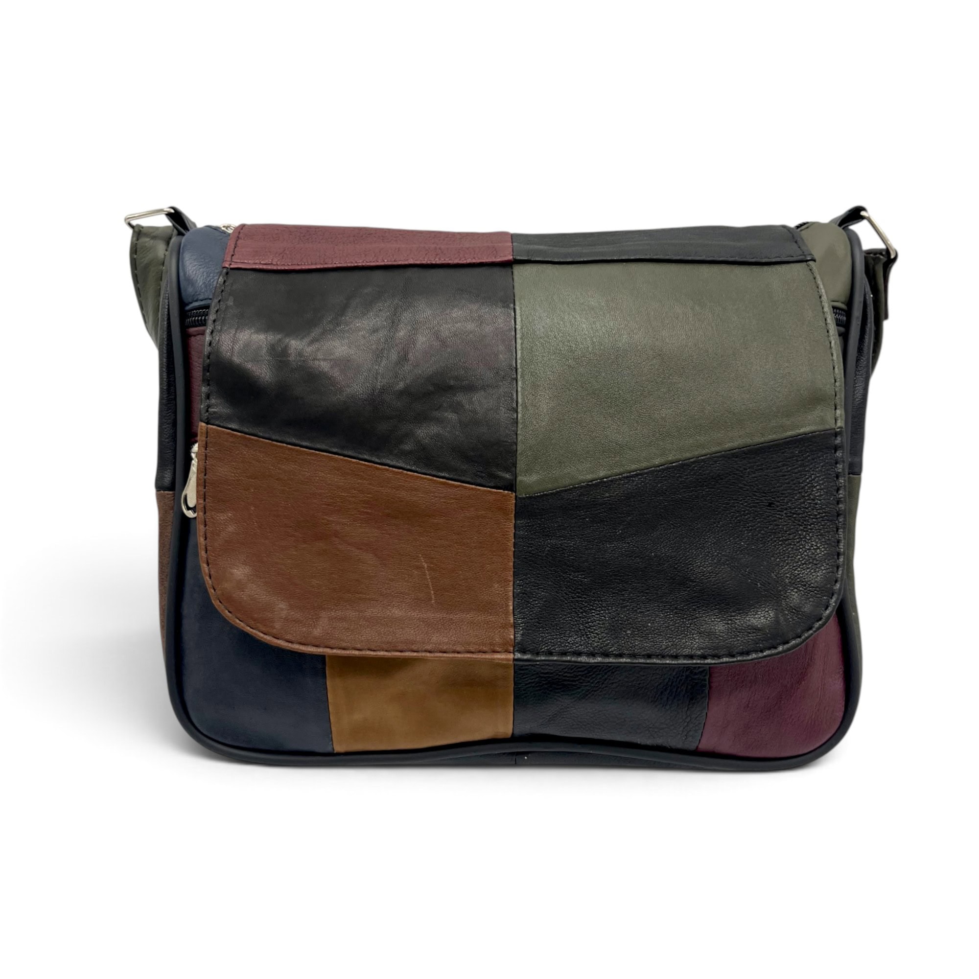 Geantă Damă Unicat Lucia R45-C87 – Piele Naturală Patchwork Negru, Verde Olive, Bordo și Maro - Thumbnail Image 2