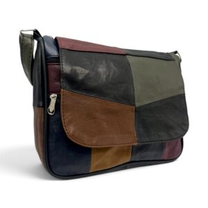 Geantă Damă Unicat Lucia R45-C87 – Piele Naturală Patchwork Negru, Verde Olive, Bordo și Maro