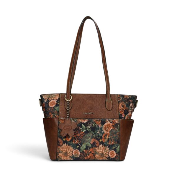 Geantă damă Laura Vita AMEP 07 Marron – imprimeu floral, geantă de mână și umăr, 33 × 25 × 11 cm