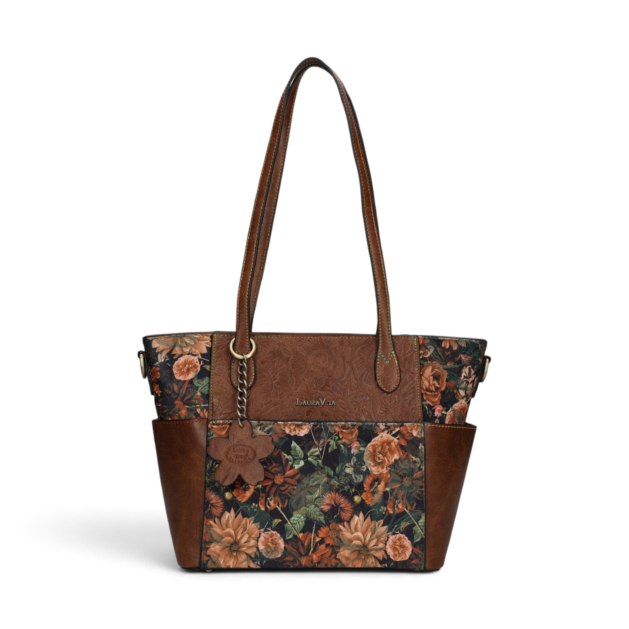 Geantă damă Laura Vita AMEP 07 Marron – imprimeu floral, geantă de mână și umăr, 33 × 25 × 11 cm