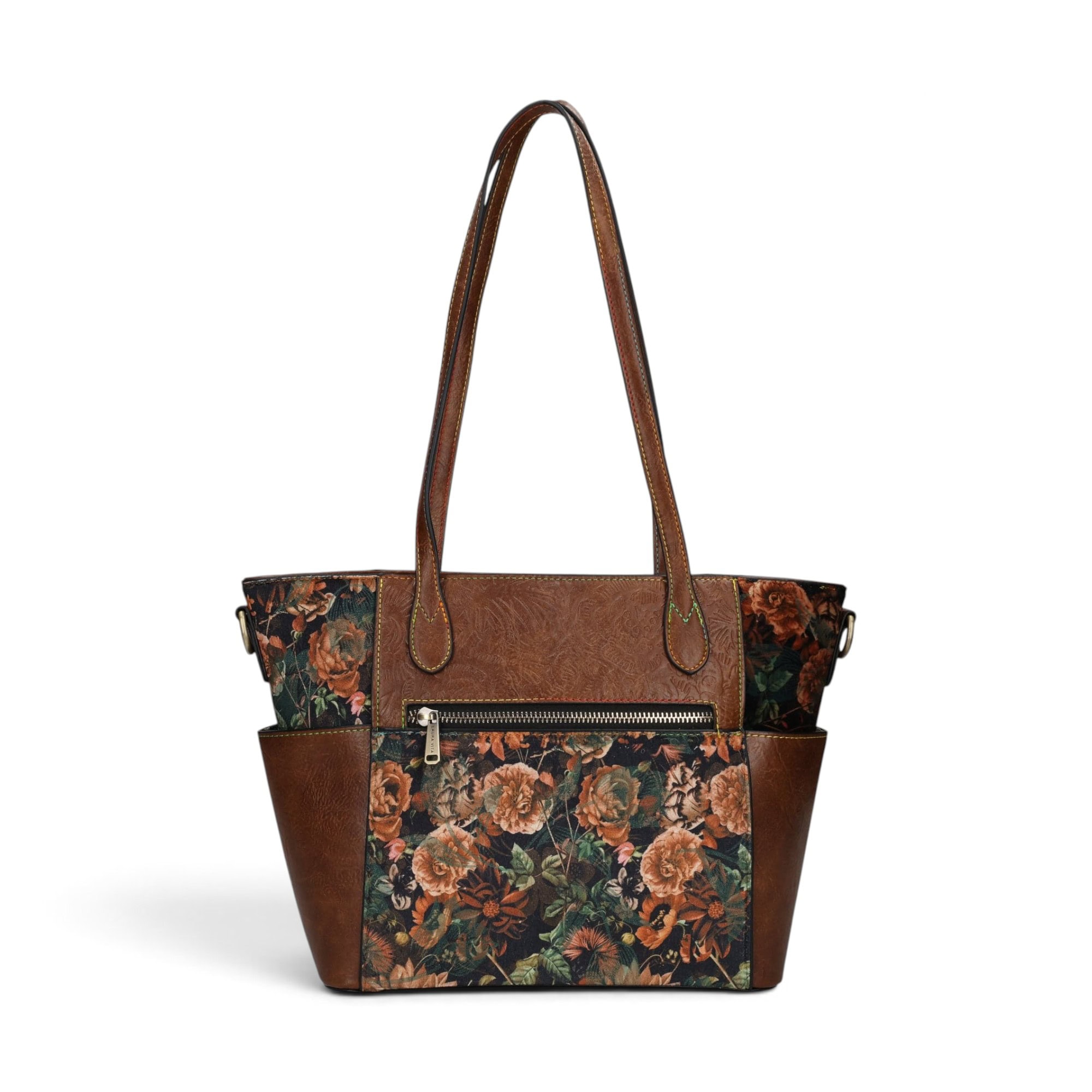 Geantă damă Laura Vita AMEP 07 Marron – imprimeu floral, geantă de mână și umăr, 33 × 25 × 11 cm