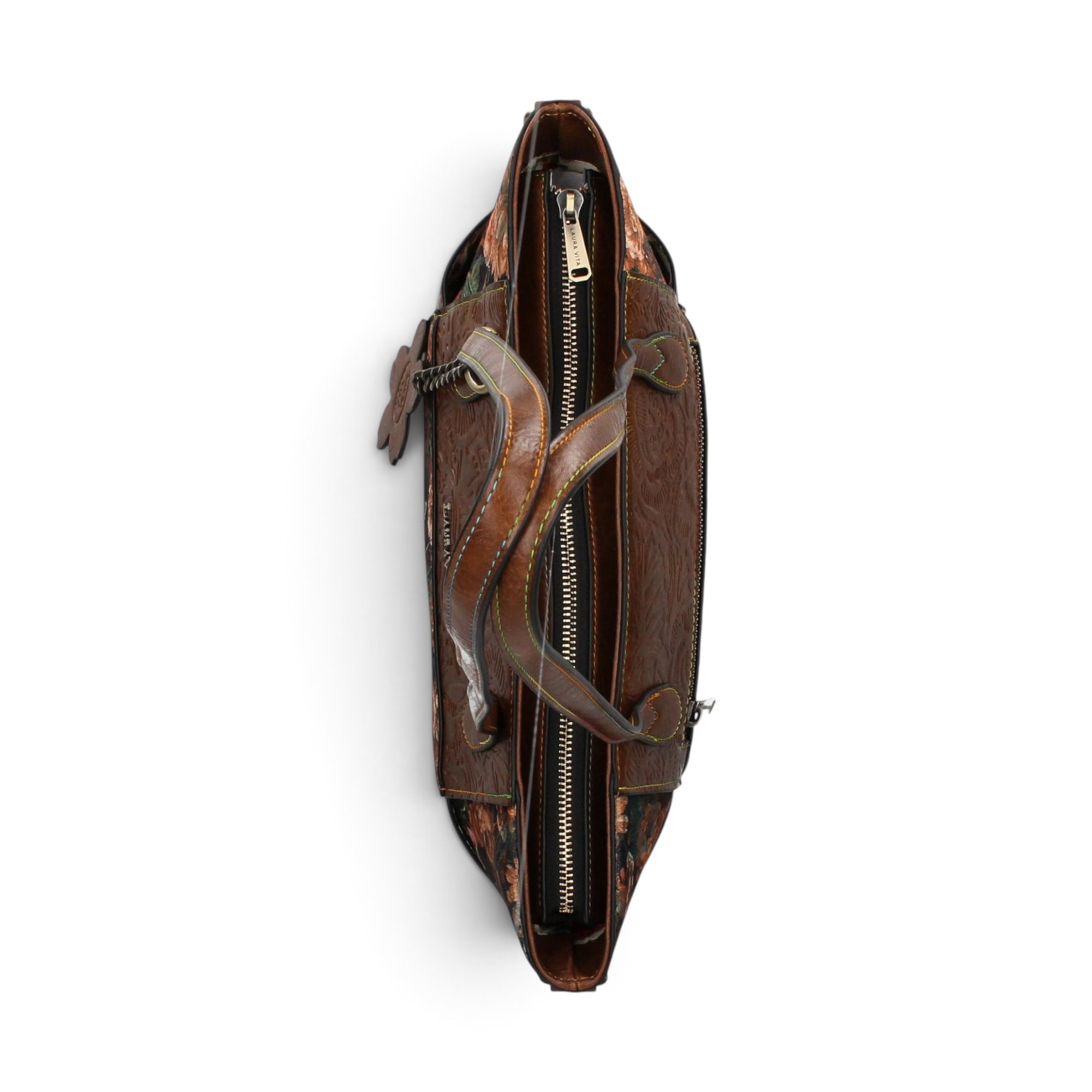 Geantă damă Laura Vita AMEP 07 Marron – imprimeu floral, geantă de mână și umăr, 33 × 25 × 11 cm