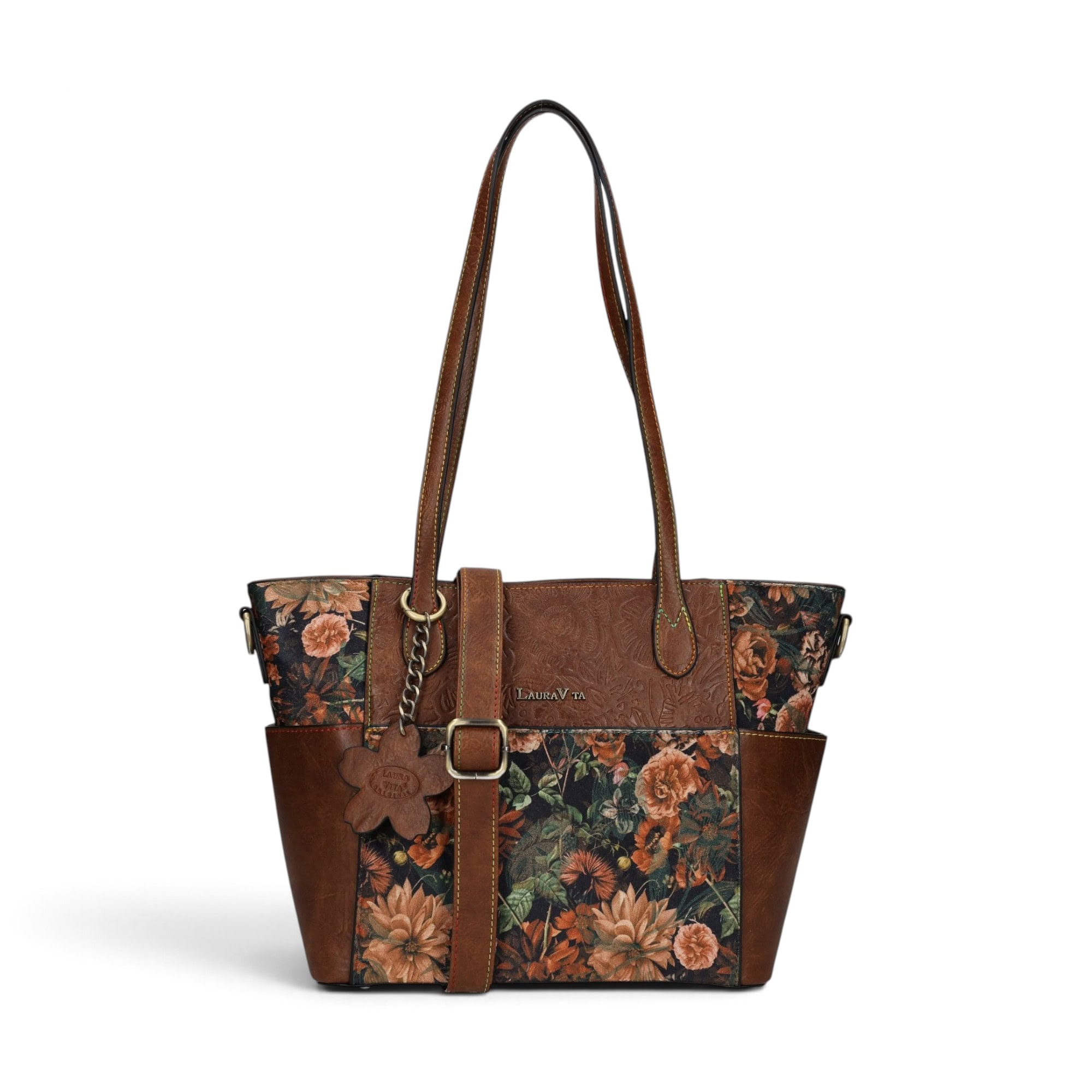 Geantă damă Laura Vita AMEP 07 Marron – imprimeu floral, geantă de mână și umăr, 33 × 25 × 11 cm