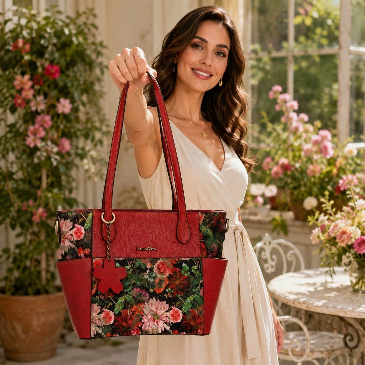 Geantă damă Laura Vita AMEP 07 Rouge – imprimeu floral, geantă de mână și umăr, 33 × 25 × 11 cm