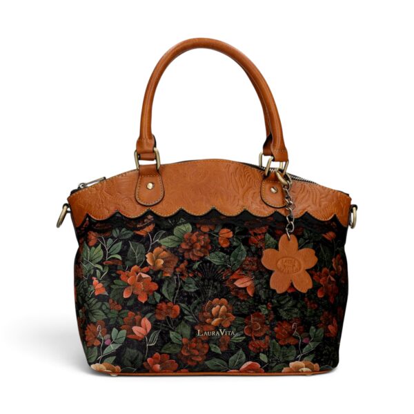 Geantă damă Laura Vita ARTIRA 05 Camel – imprimeu floral, geantă de mână și umăr, 26 × 29 × 14 cm