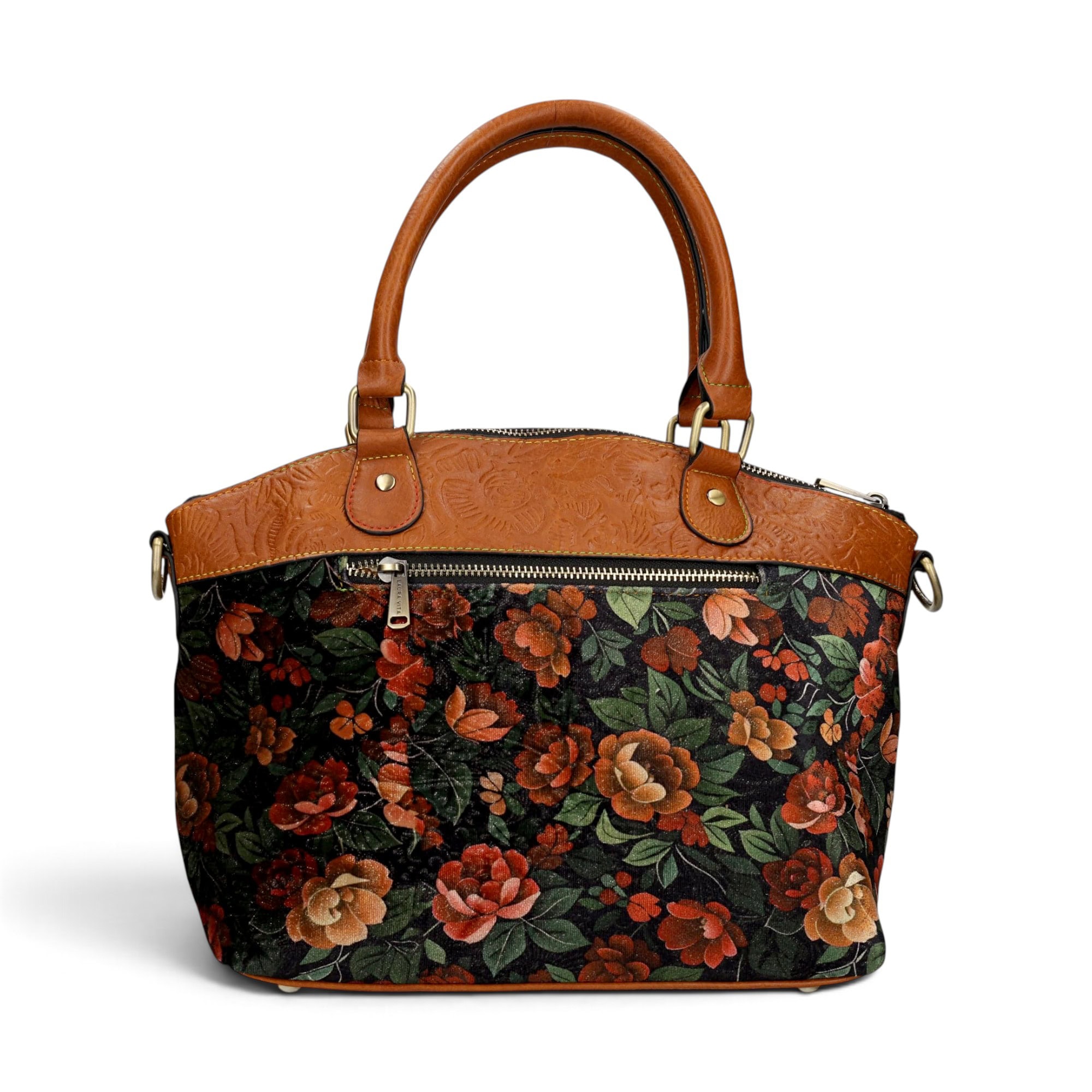 Geantă damă Laura Vita ARTIRA 05 Camel – imprimeu floral, geantă de mână și umăr, 26 × 29 × 14 cm