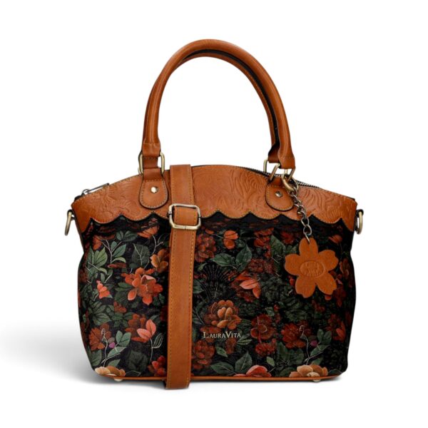 Geantă damă Laura Vita ARTIRA 05 Camel – imprimeu floral, geantă de mână și umăr, 26 × 29 × 14 cm
