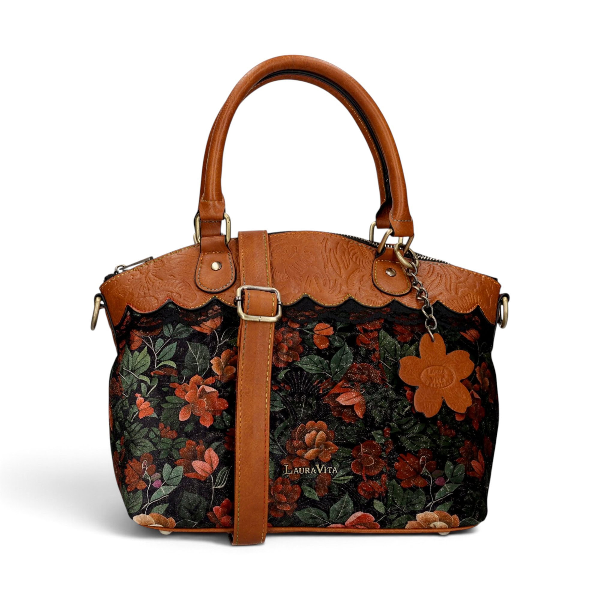 Geantă damă Laura Vita ARTIRA 05 Camel – imprimeu floral, geantă de mână și umăr, 26 × 29 × 14 cm