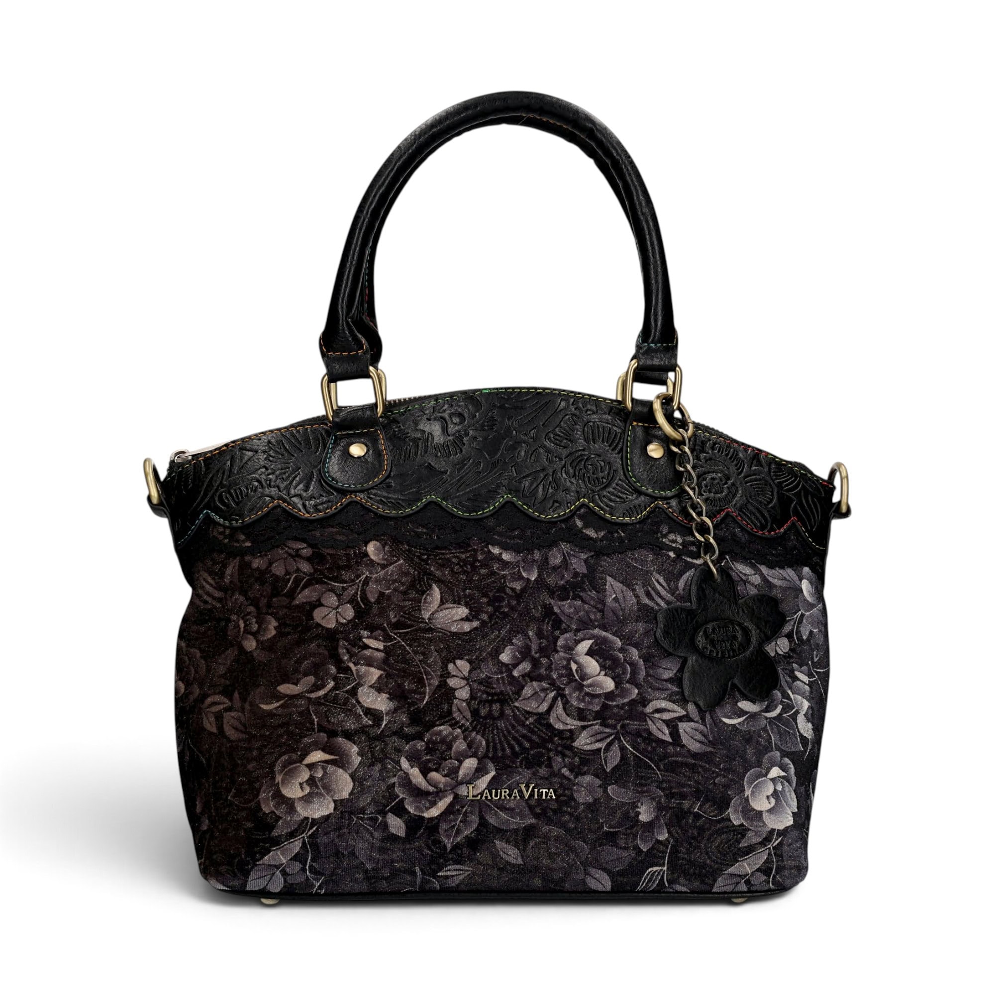 Geantă damă Laura Vita ARTIRA 05 Noir – imprimeu floral, geantă de mână și umăr, 26 × 29 × 14 cm
