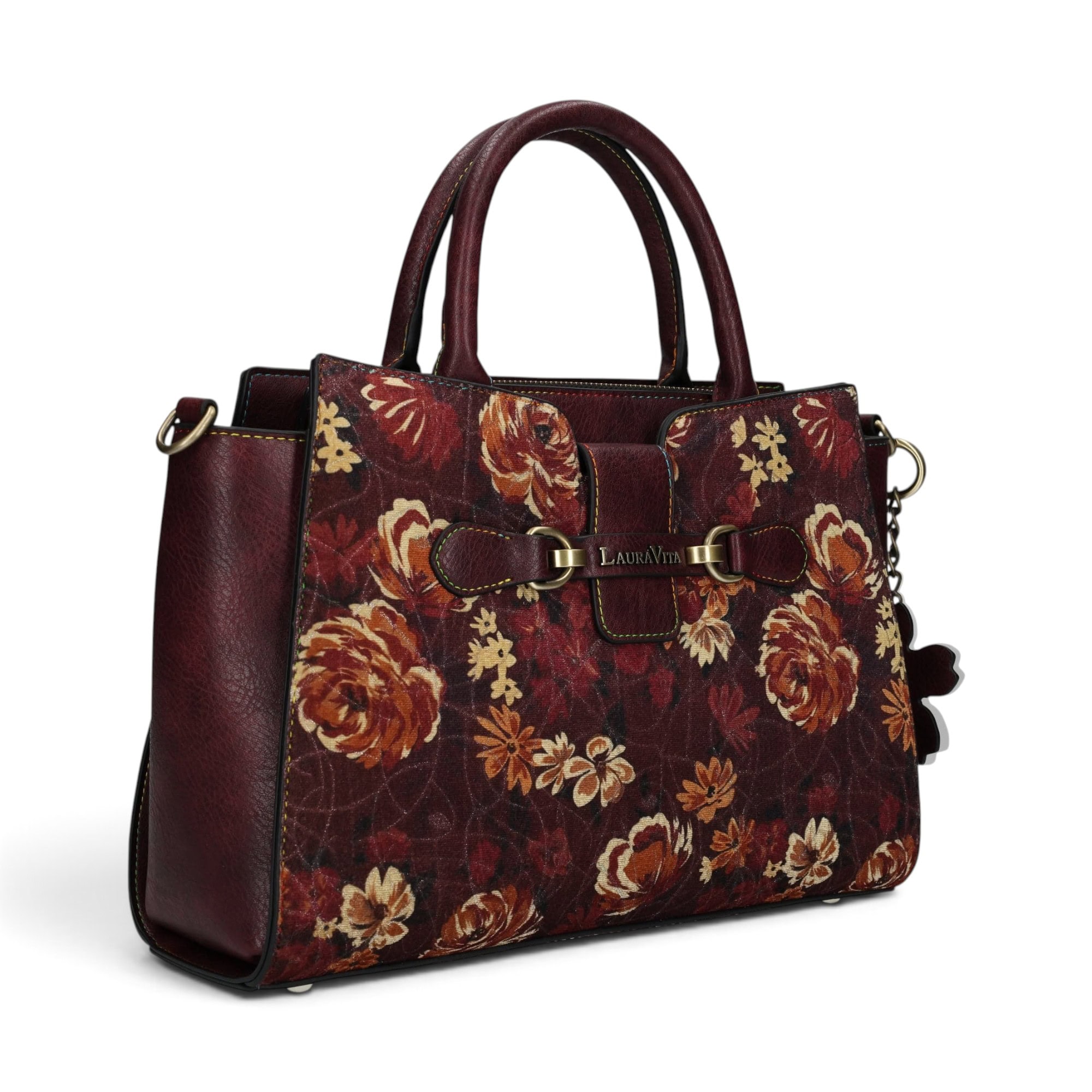 Geantă damă Laura Vita AYNA 03 Wine – imprimeu floral, geantă de umăr și crossbody, 30 × 20 × 9 cm