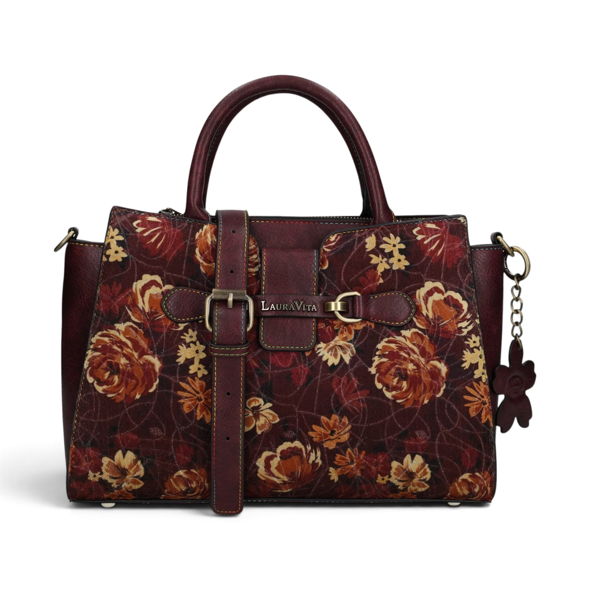 Geantă damă Laura Vita AYNA 03 Wine – imprimeu floral, geantă de umăr și crossbody, 30 × 20 × 9 cm