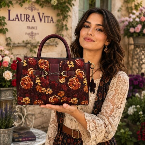Geantă damă Laura Vita AYNA 03 Wine – imprimeu floral, geantă de umăr și crossbody, 30 × 20 × 9 cm