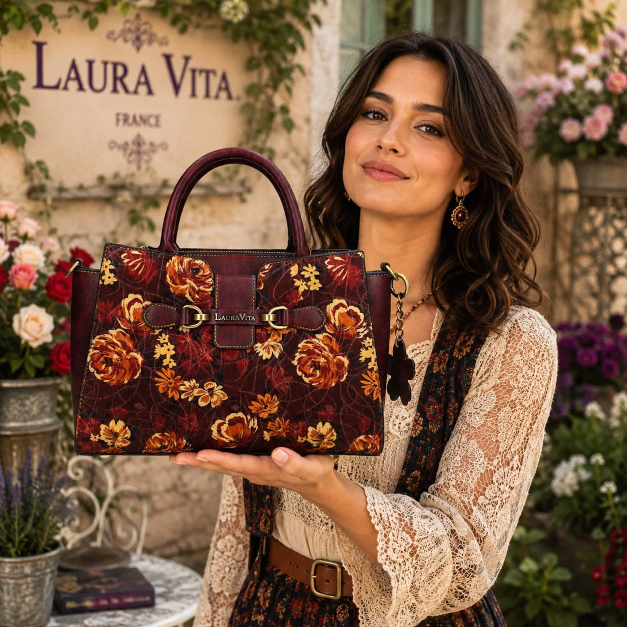 Geantă damă Laura Vita AYNA 03 Wine – imprimeu floral, geantă de umăr și crossbody, 30 × 20 × 9 cm