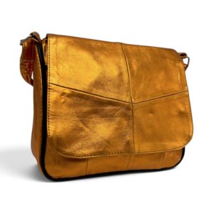 Geantă damă Lucia R45-C86 – crossbody din piele naturală auriu-cupru metalizat, 26 × 23 × 7 cm