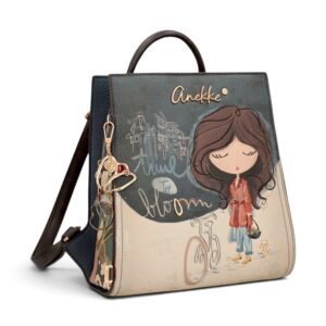 Geantă Anekke cu ilustrație artistică și accesorii elegante.