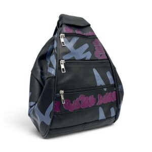 Rucsac damă unicat Amelia Unique R50-167 – piele naturală neagră, imprimeu graffiti albastru-mov