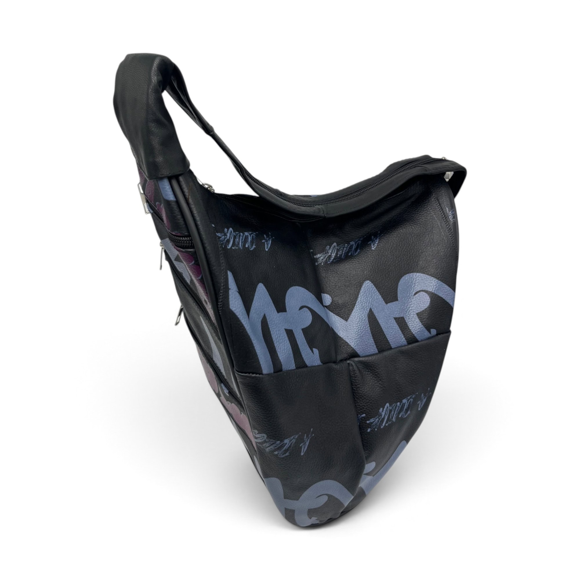 Rucsac damă unicat Amelia Unique R50-167 – piele naturală neagră, imprimeu graffiti albastru-mov - Thumbnail Image 5