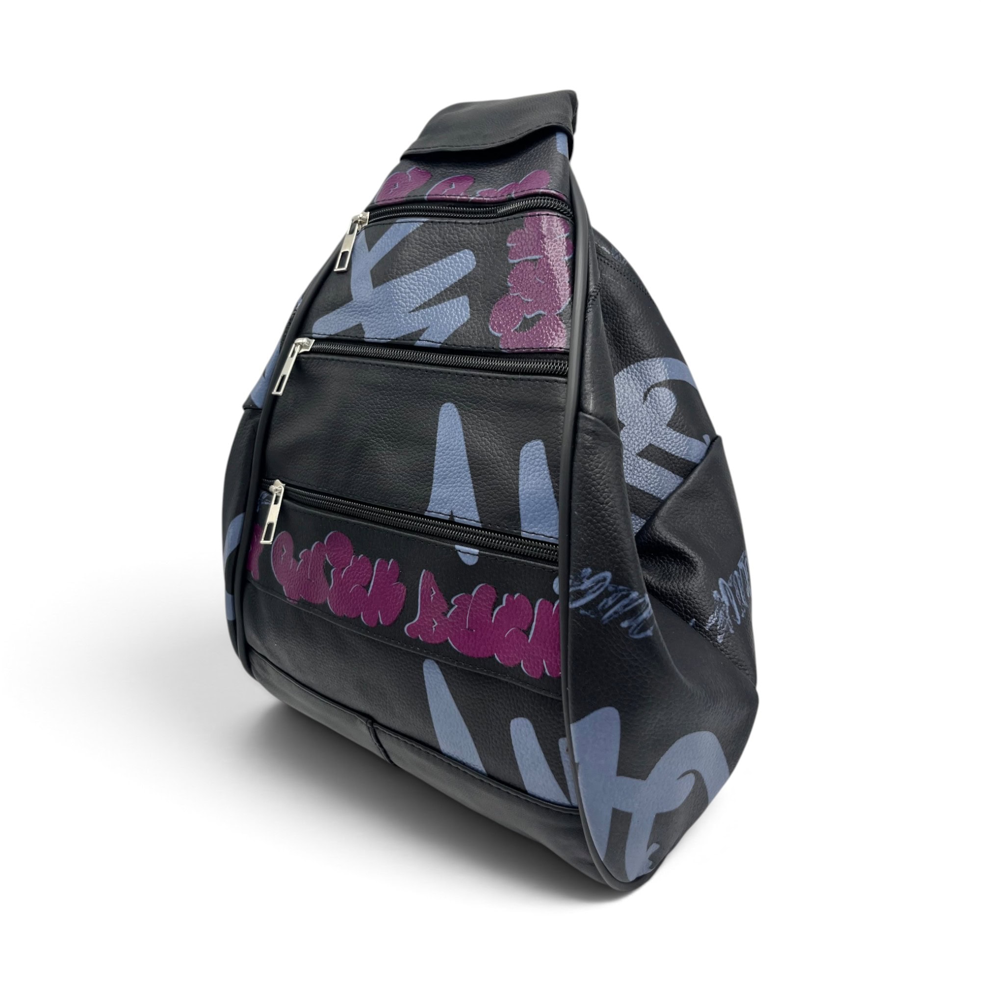 Rucsac damă unicat Amelia Unique R50-167 – piele naturală neagră, imprimeu graffiti albastru-mov - Thumbnail Image 3