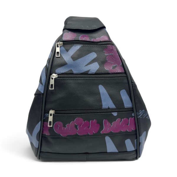 Rucsac damă unicat Amelia Unique R50-167 – piele naturală neagră, imprimeu graffiti albastru-mov - imagine 2