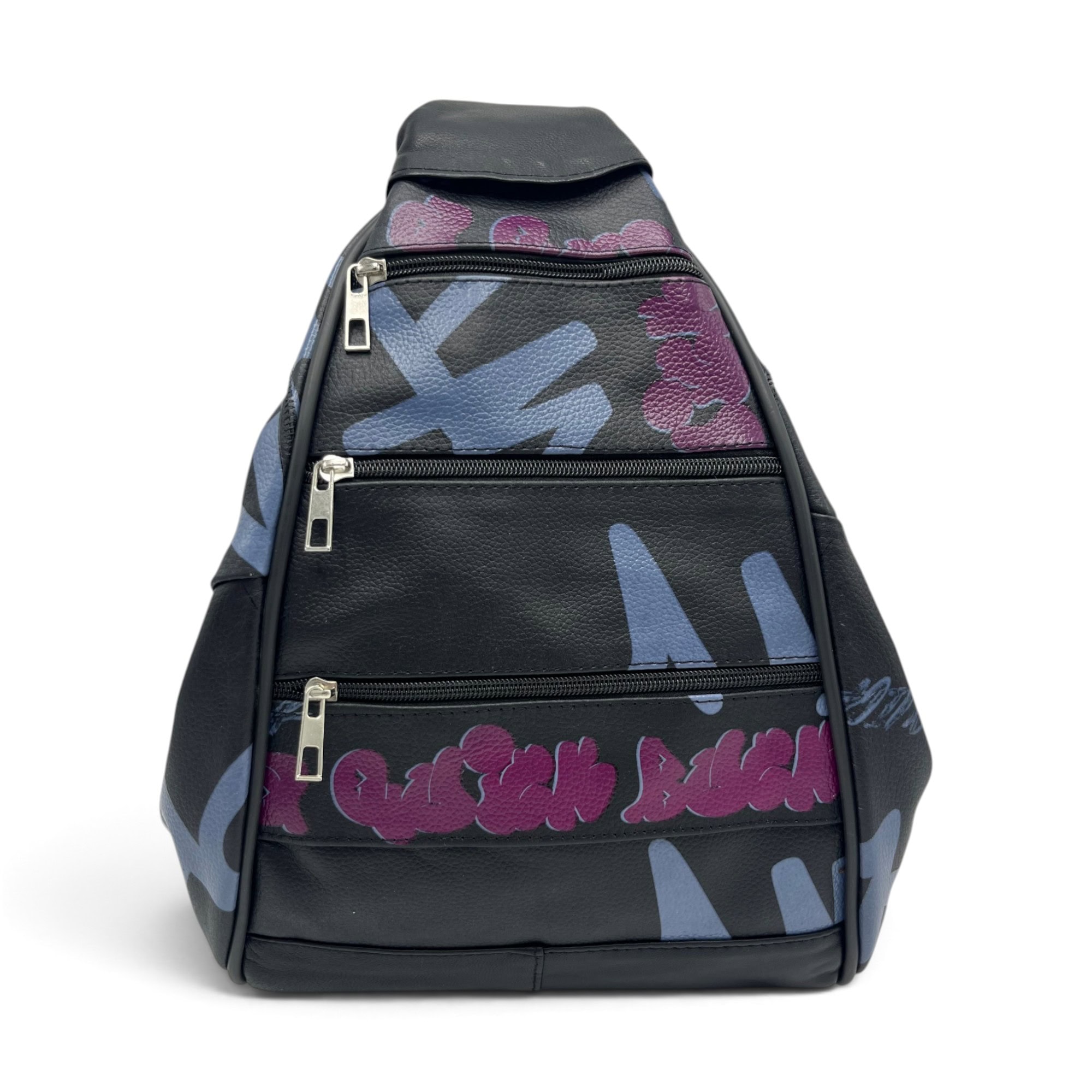 Rucsac damă unicat Amelia Unique R50-167 – piele naturală neagră, imprimeu graffiti albastru-mov - Thumbnail Image 2
