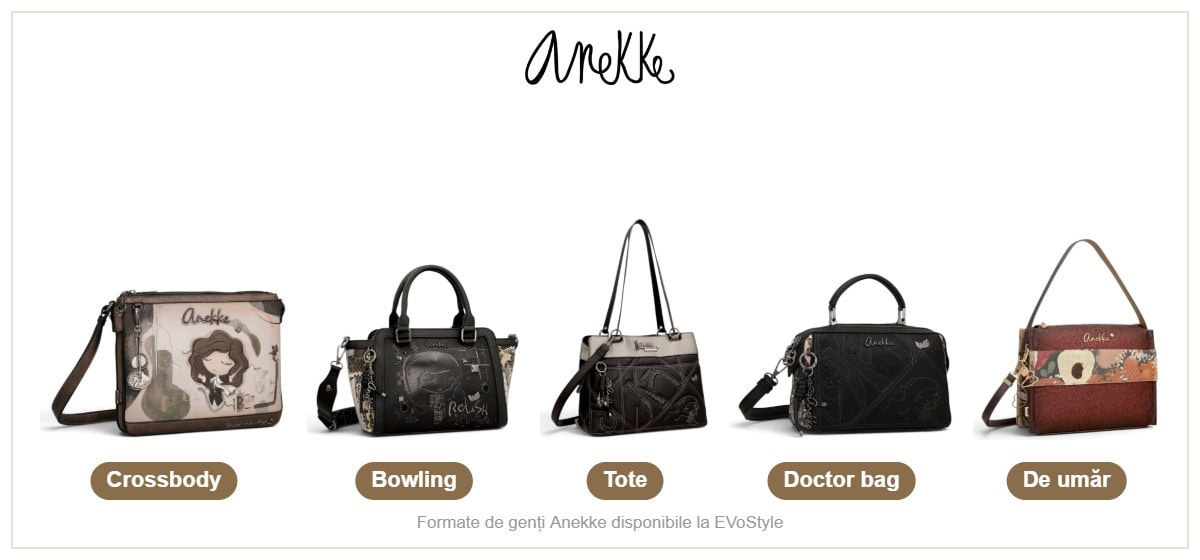 Formate de genți Anekke: crossbody, bowling, tote, doctor bag și de umăr