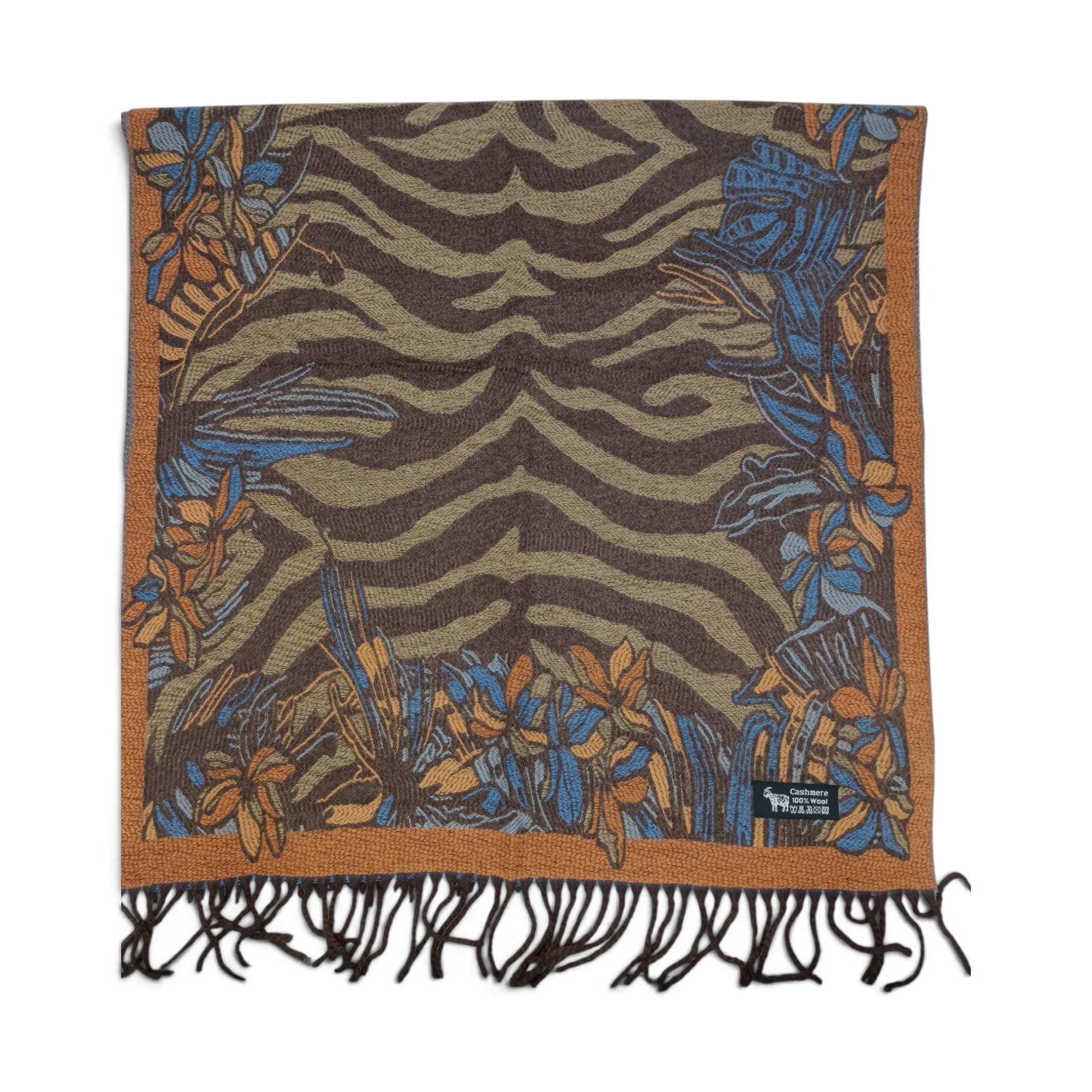Eșarfă Damă BellaraSS FX3SS-10, 100% Lână Fină, Maro cu Imprimeu Animal Print și Floral, 60×180 cm - imagine 3