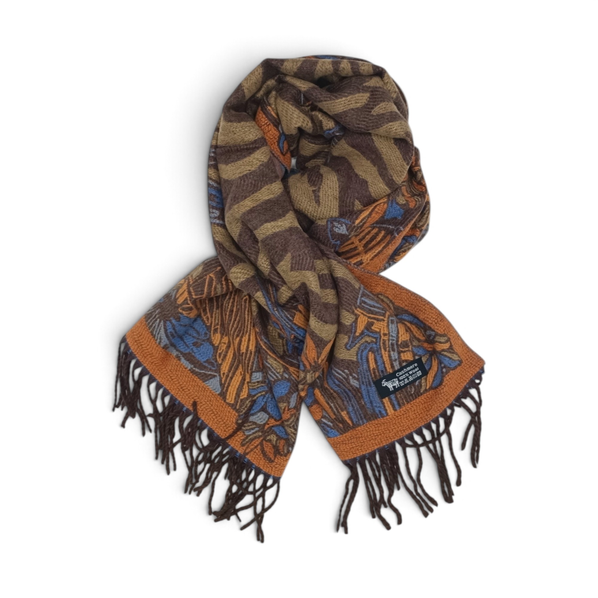 Eșarfă Damă BellaraSS FX3SS-10, 100% Lână Fină, Maro cu Imprimeu Animal Print și Floral, 60×180 cm - imagine 1