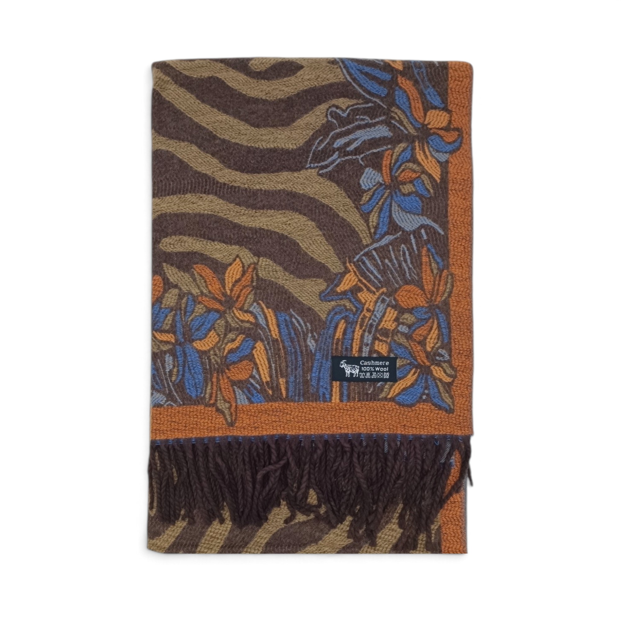 Eșarfă Damă BellaraSS FX3SS-10, 100% Lână Fină, Maro cu Imprimeu Animal Print și Floral, 60×180 cm - imagine 2